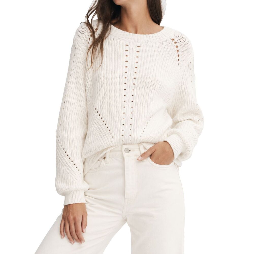 H&M Womens Sweater S Ivory Cotton Blend Open Knit Ribbed Cropped Pullover Top